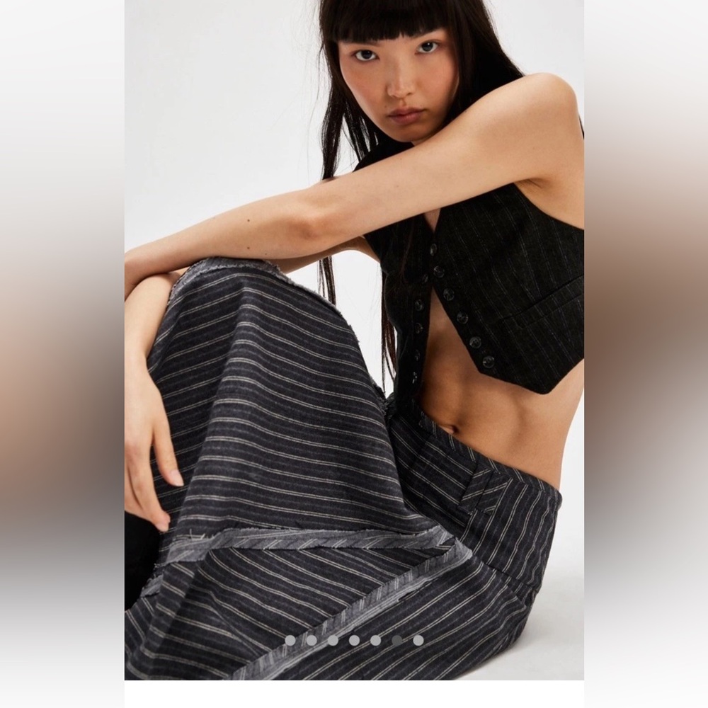 Free People Amelia Midi Skirt Pinstripe Pattern Frayed Seam Grey Combo - Picture 6 of 9